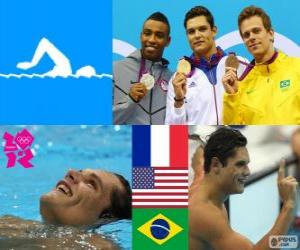 пазл Подиум плавательный мужчины 50 метров вольным стилем, Маноду Флоран (Франция), Каллен Джонс (Соединенные Штаты) и Сезар Сьело (Бразилия) - Лондон-2012-